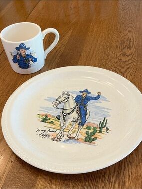 Home Hopalong Cassidy plate and cup. Plate is 9.5” wide. Cup a small coffee cup.